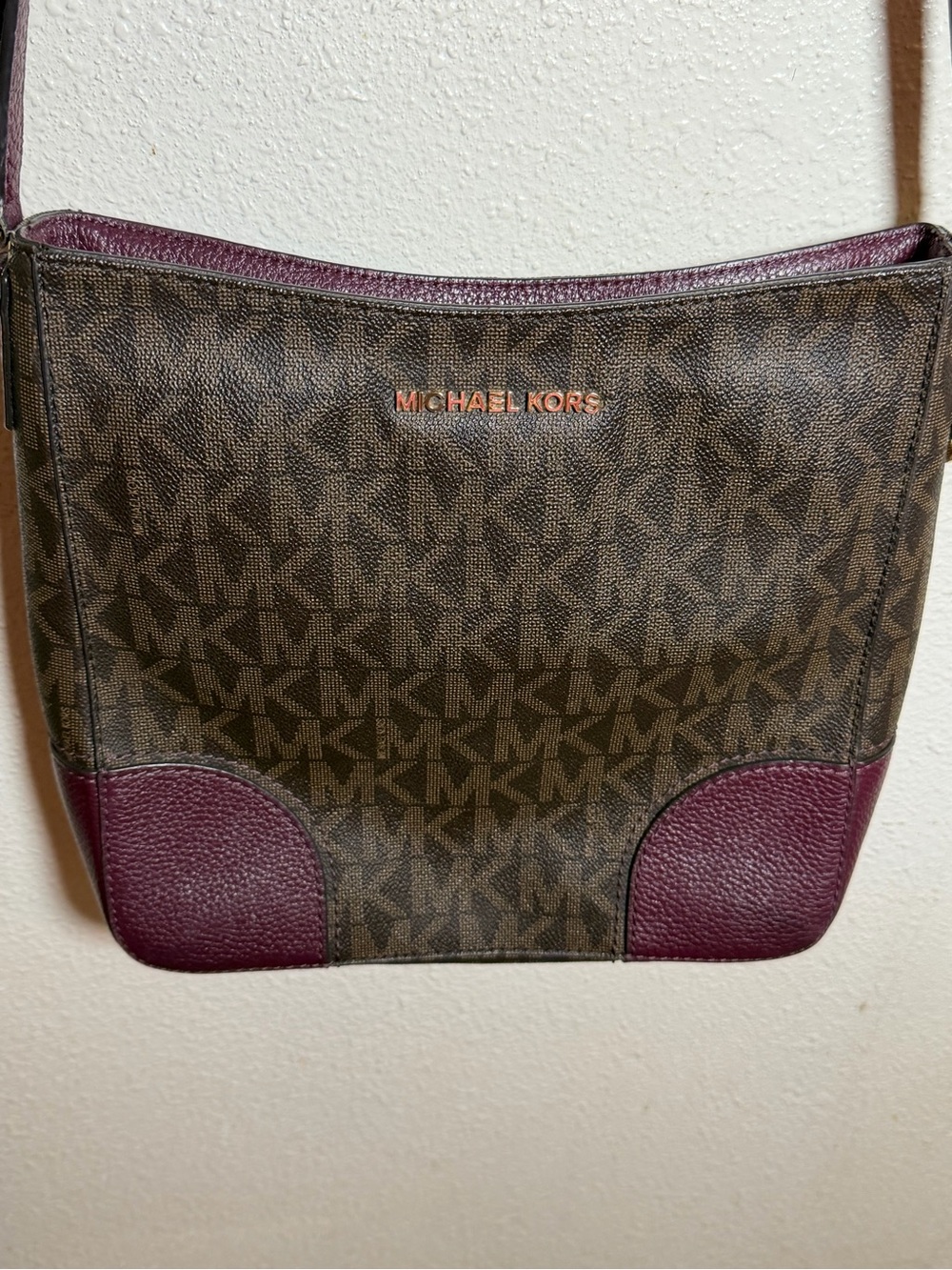 Michael Kors Brown Signature Crossbody with Plum Trim